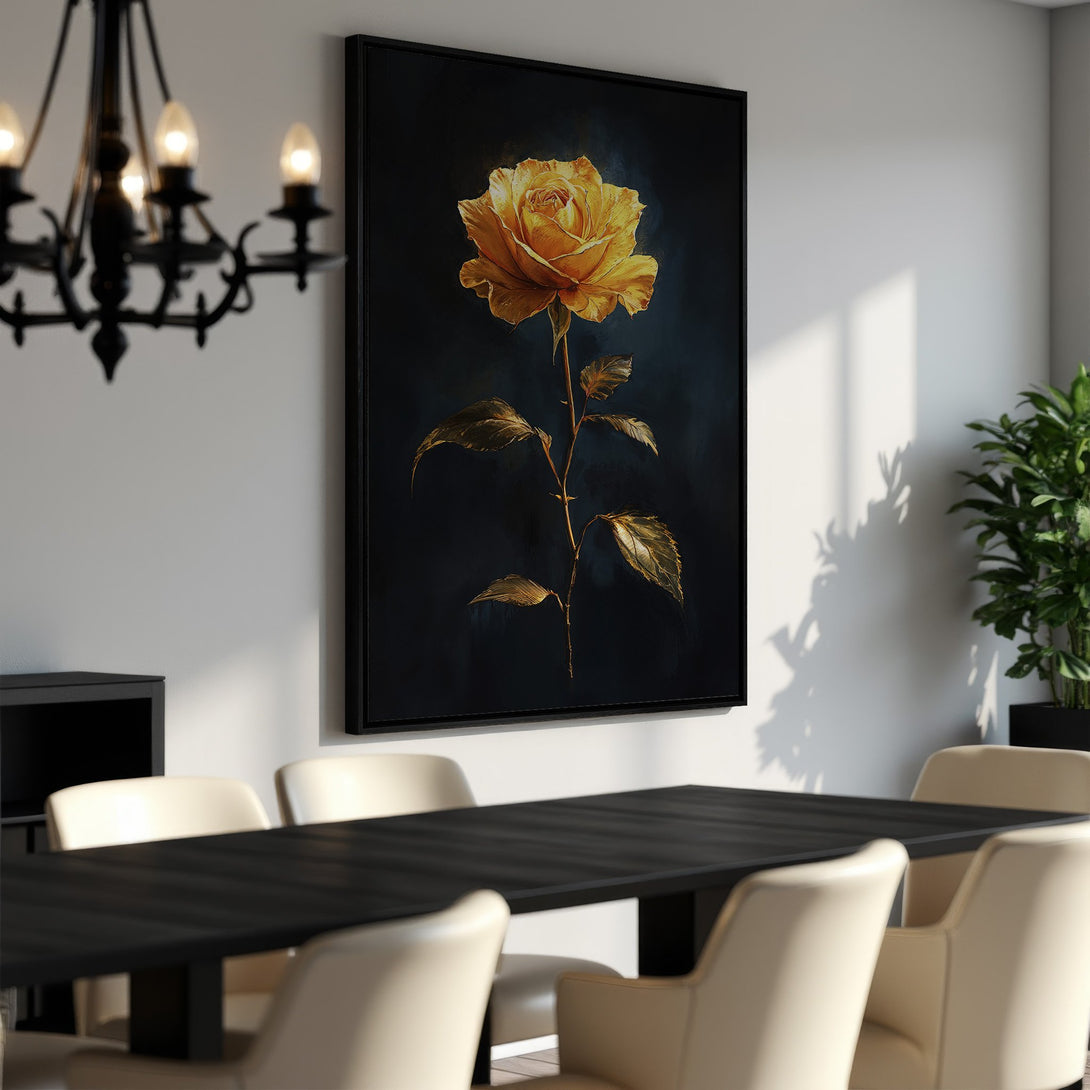 Framed Wall Art: Stunning yellow rose canvas print in a dining room. Elegant floral art with a dark, moody background and gold accents. Perfect home decor.