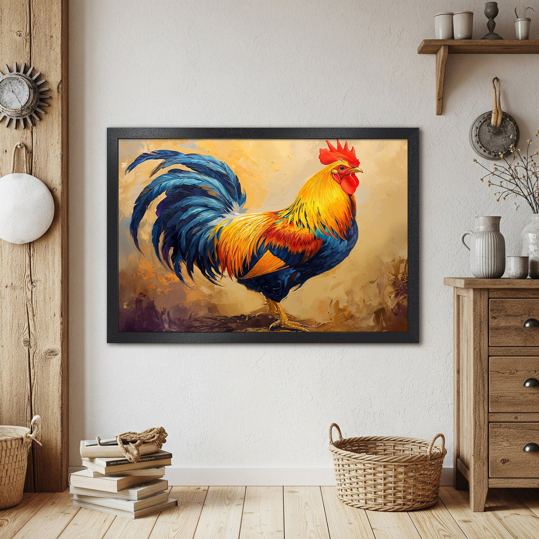 Framed Poster featuring a vibrant rooster painting. Artistic style with a warm, colorful palette of blues, yellows, and reds. Perfect wall art!