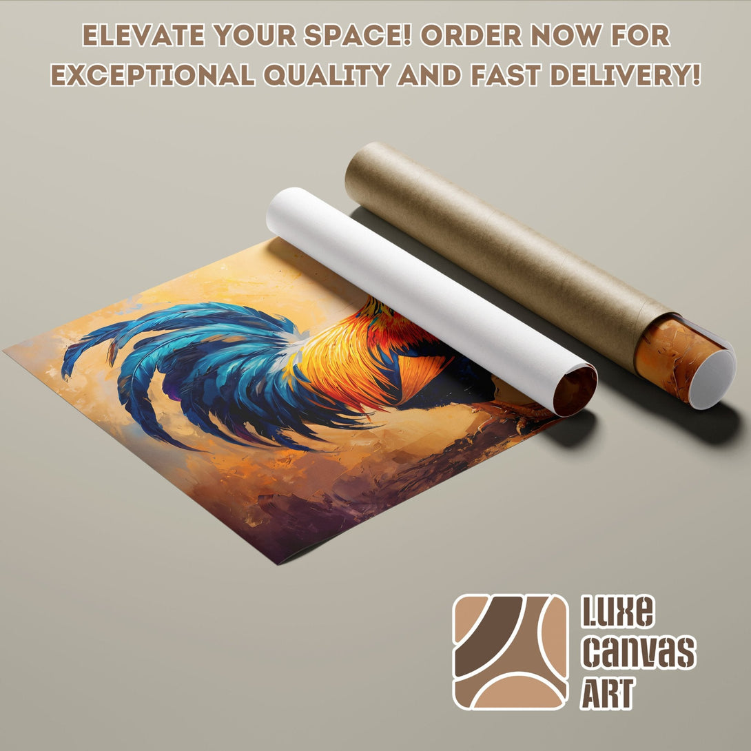 Poster Roll featuring a vibrant rooster painting in a warm, colorful palette. Perfect art for your space!