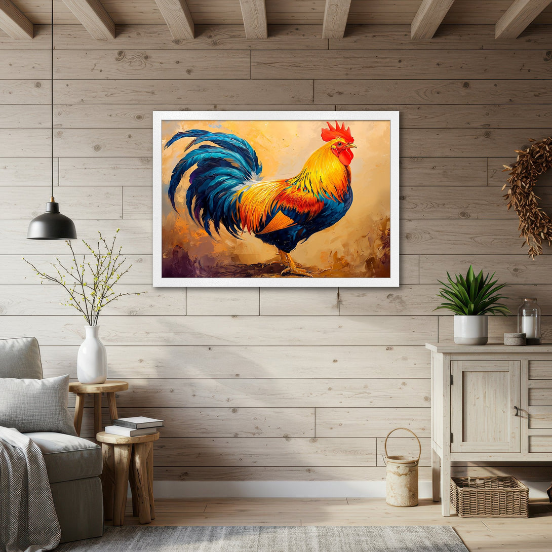 Framed Poster featuring a vibrant rooster painting in a warm, colorful palette. Perfect art for your home decor!