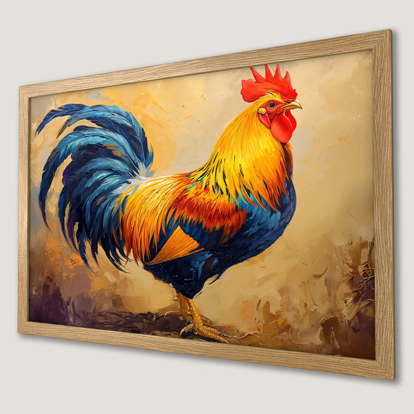 Framed Poster of a vibrant rooster painting. Features a warm color palette with blues, yellows, and reds. Perfect wall art!
