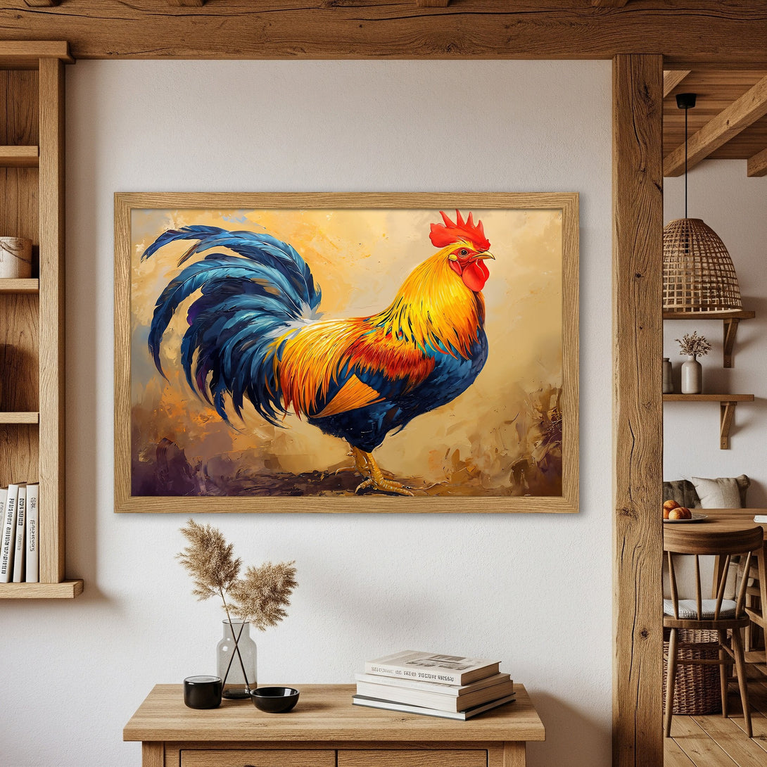 Framed Poster featuring a vibrant rooster painting in a warm, rustic style with a yellow, blue, and red color palette.