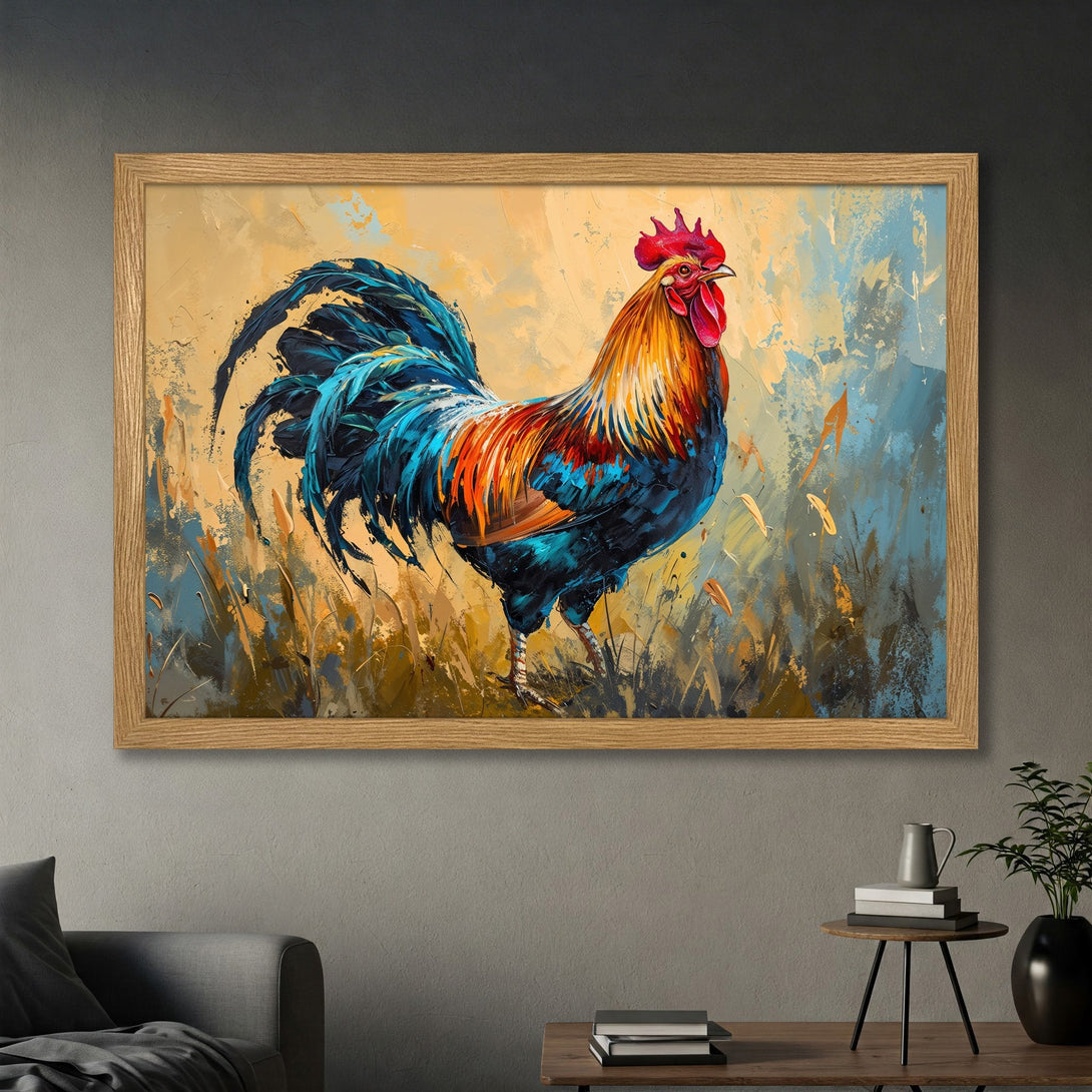 Framed Poster of a vibrant rooster painting. Features a colorful palette of blues, oranges, and yellows. Perfect art for your home!