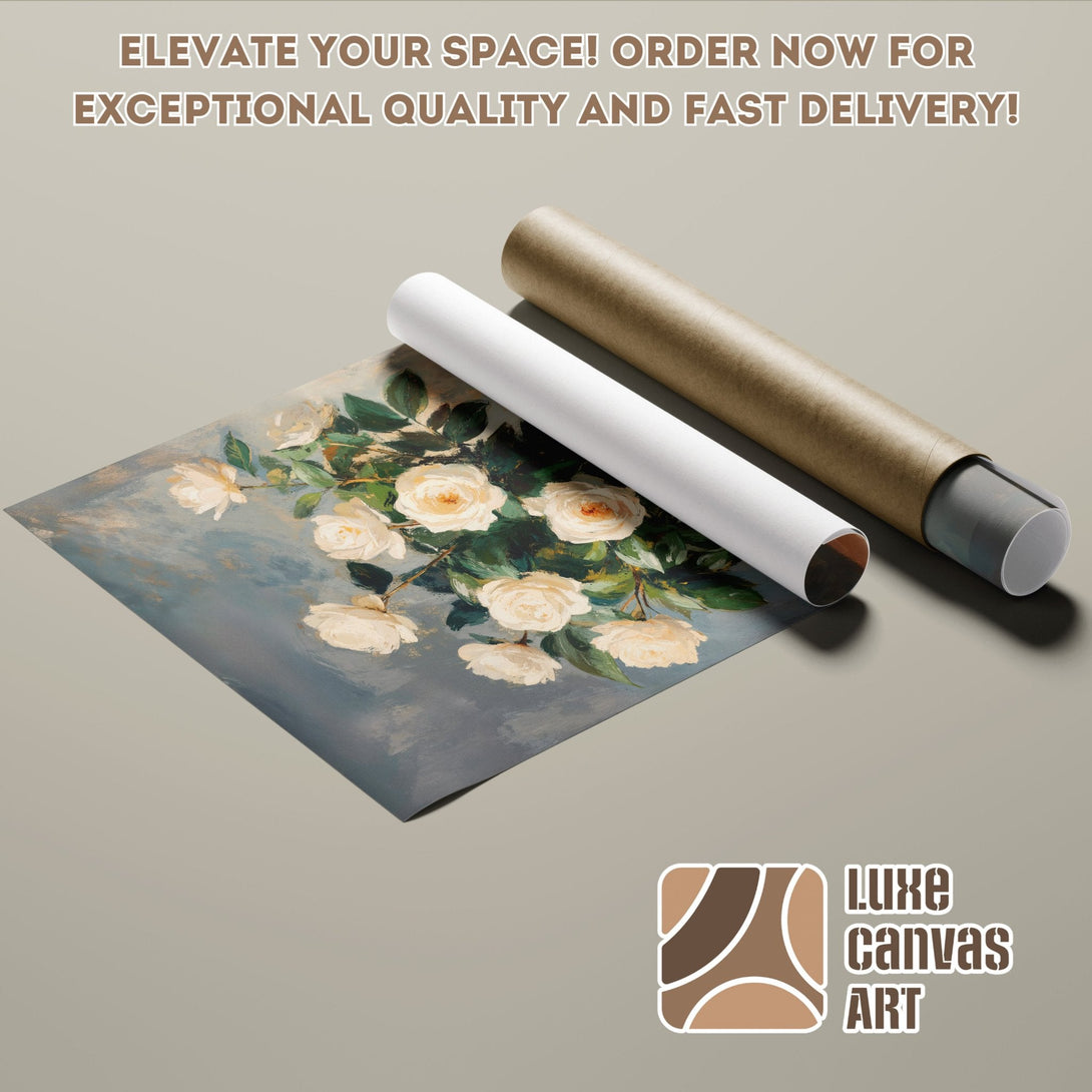 Floral art Poster Roll in a soft blue and cream color palette. Elevate your space!