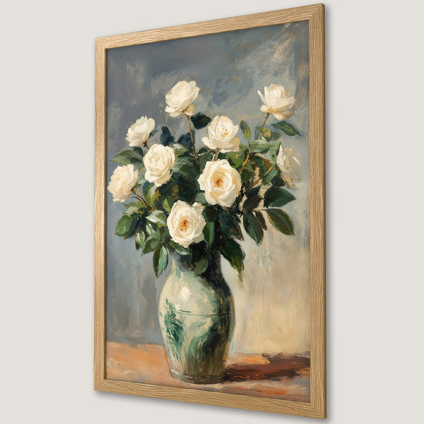 Framed Poster of white roses in a vase, painted in an impressionistic style with a soft, neutral color palette. Perfect wall art!