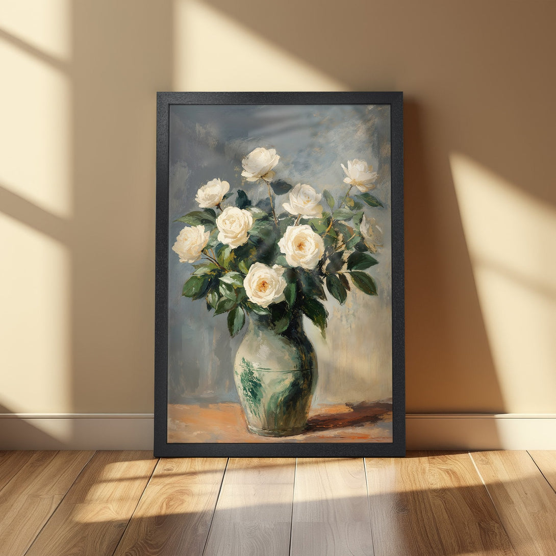 Framed Poster featuring a floral still life with white roses in a vase. Impressionistic style, soft color palette with greens, blues, and warm tones.