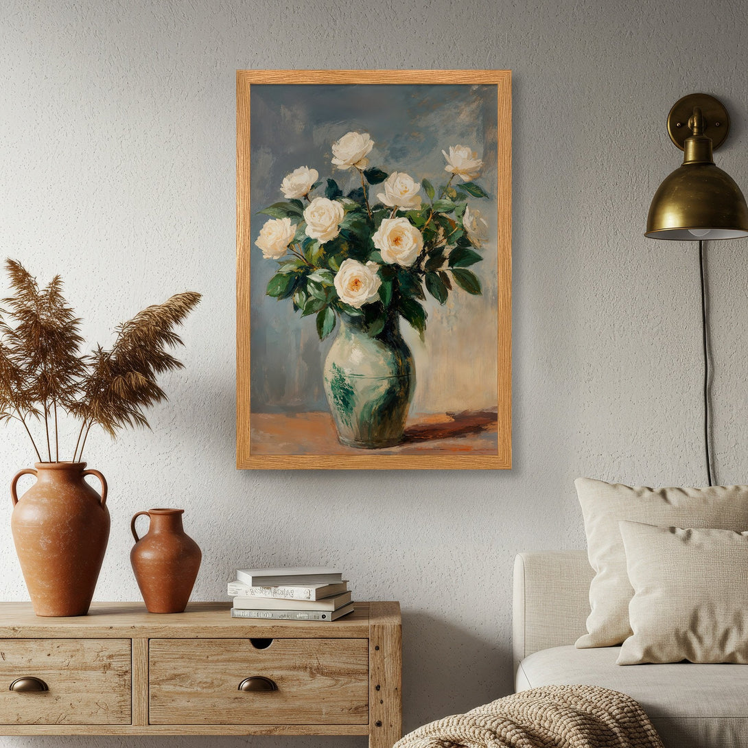Framed Poster of white roses in a vase, painted in a classic style with a soft, neutral color palette. Perfect for home decor.