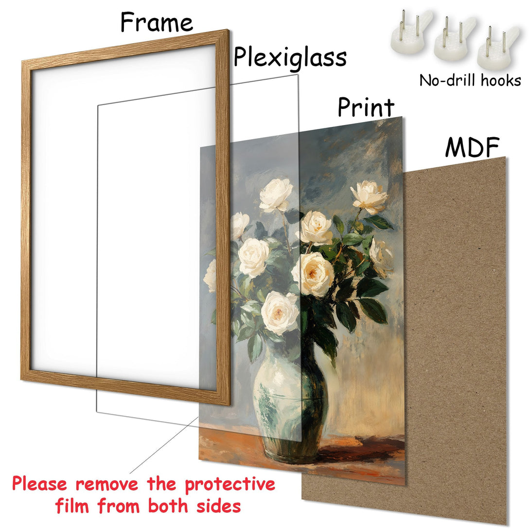 Framed Poster featuring a floral still life in a vintage style with a soft, neutral color palette. Perfect wall art for any room!
