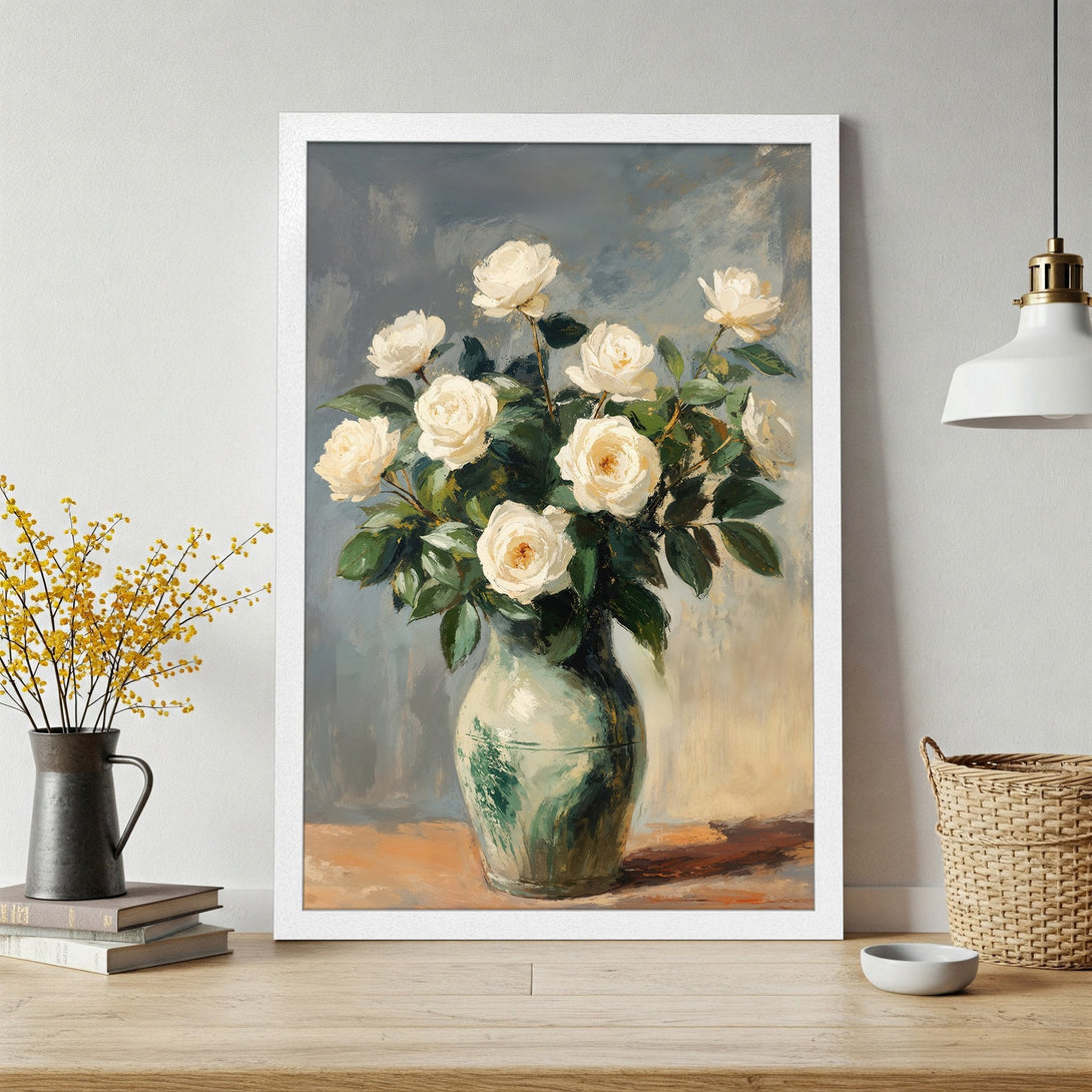 Framed Poster featuring a stunning still life of white roses in a vase, painted in an impressionistic style with a soft, muted color palette.