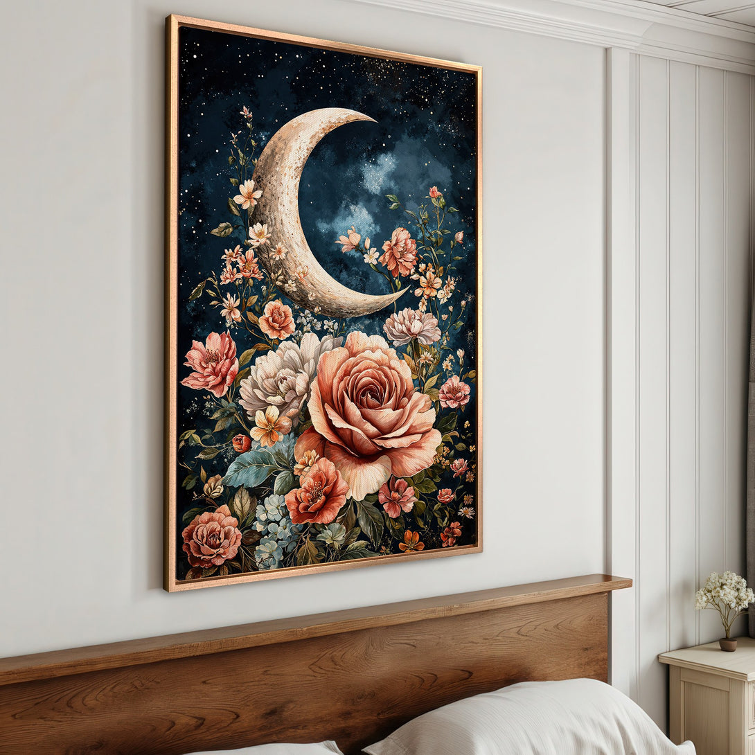 Framed Wall Art featuring a crescent moon and floral arrangement in a watercolor style. Earthy tones and deep blues create a calming, artistic print.