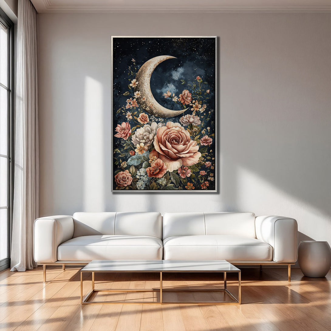 Framed Wall Art: Romantic floral moon canvas print in a modern living room. Features a dreamy watercolor style with a warm, muted color palette.