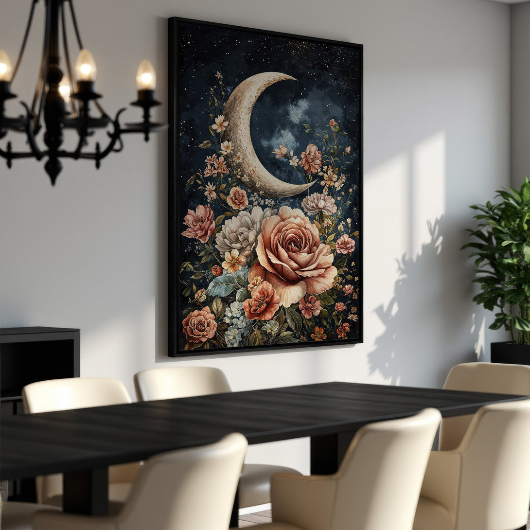 Framed Wall Art: Floral moon canvas print in a dining room. Romantic art with a dark blue background and warm, earthy tones. Perfect for home decor.