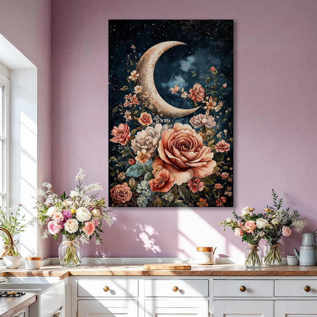 Framed Wall Art: Romantic floral moon art print with a dark blue, blush, and gold color palette. Perfect for adding elegance to any room.