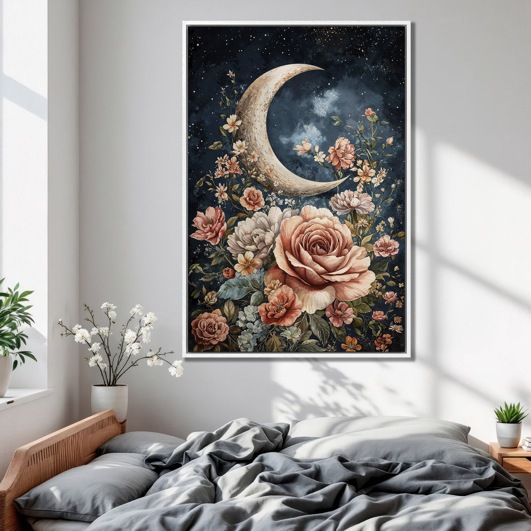Framed Wall Art: Watercolor floral moon art in a bedroom. Romantic style with a dark blue, blush, and cream color palette. Perfect bedroom decor.