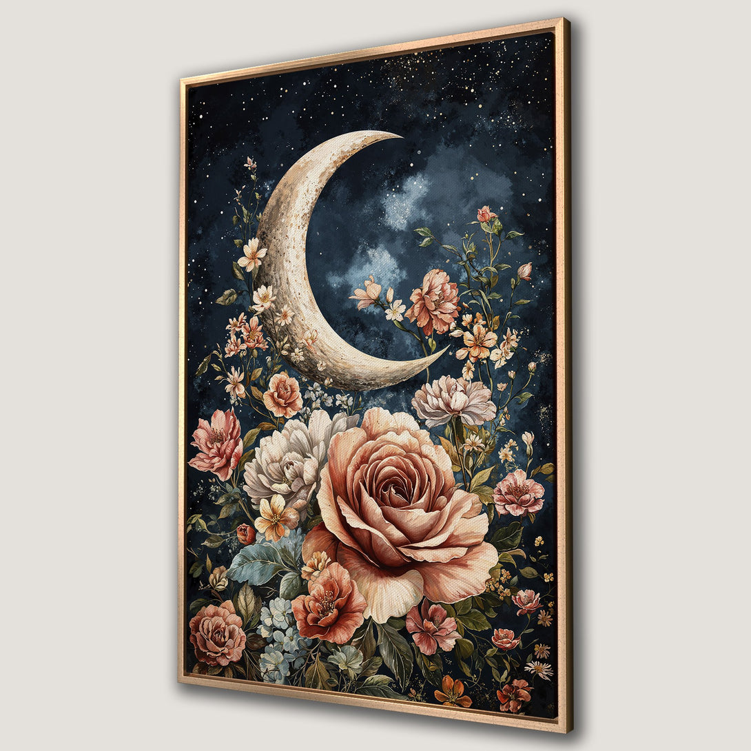 Framed Wall Art featuring a celestial moon and floral arrangement. Watercolor style with a dark blue background and warm, earthy tones. Perfect for any room!