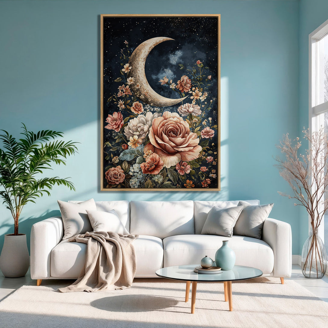 Framed Wall Art featuring a crescent moon and floral design in a romantic style with a warm, earthy color palette. Adds elegance to any space!
