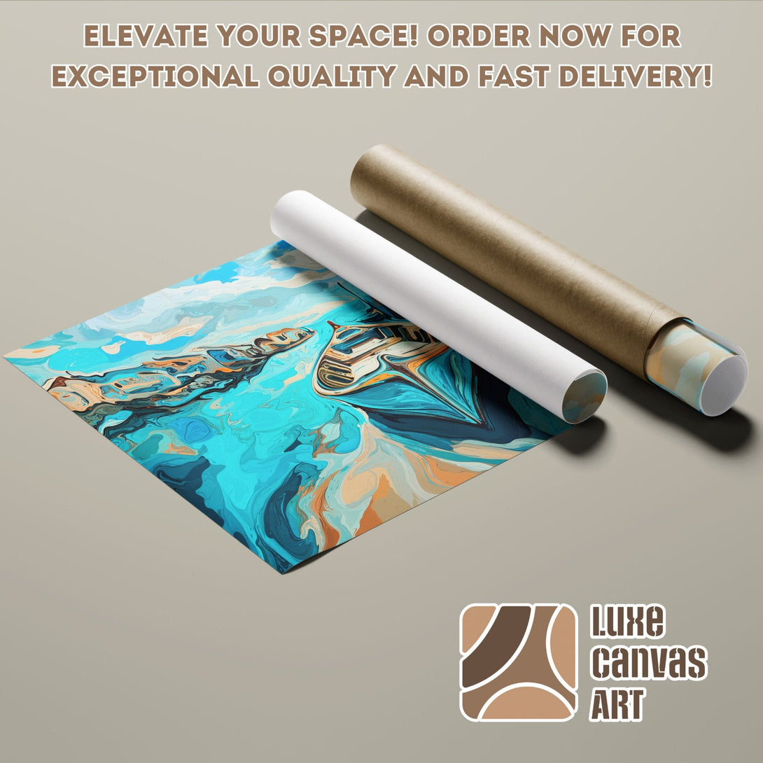 Abstract art Poster Roll in blue and orange tones. Elevate your space with Luxe Canvas Art!