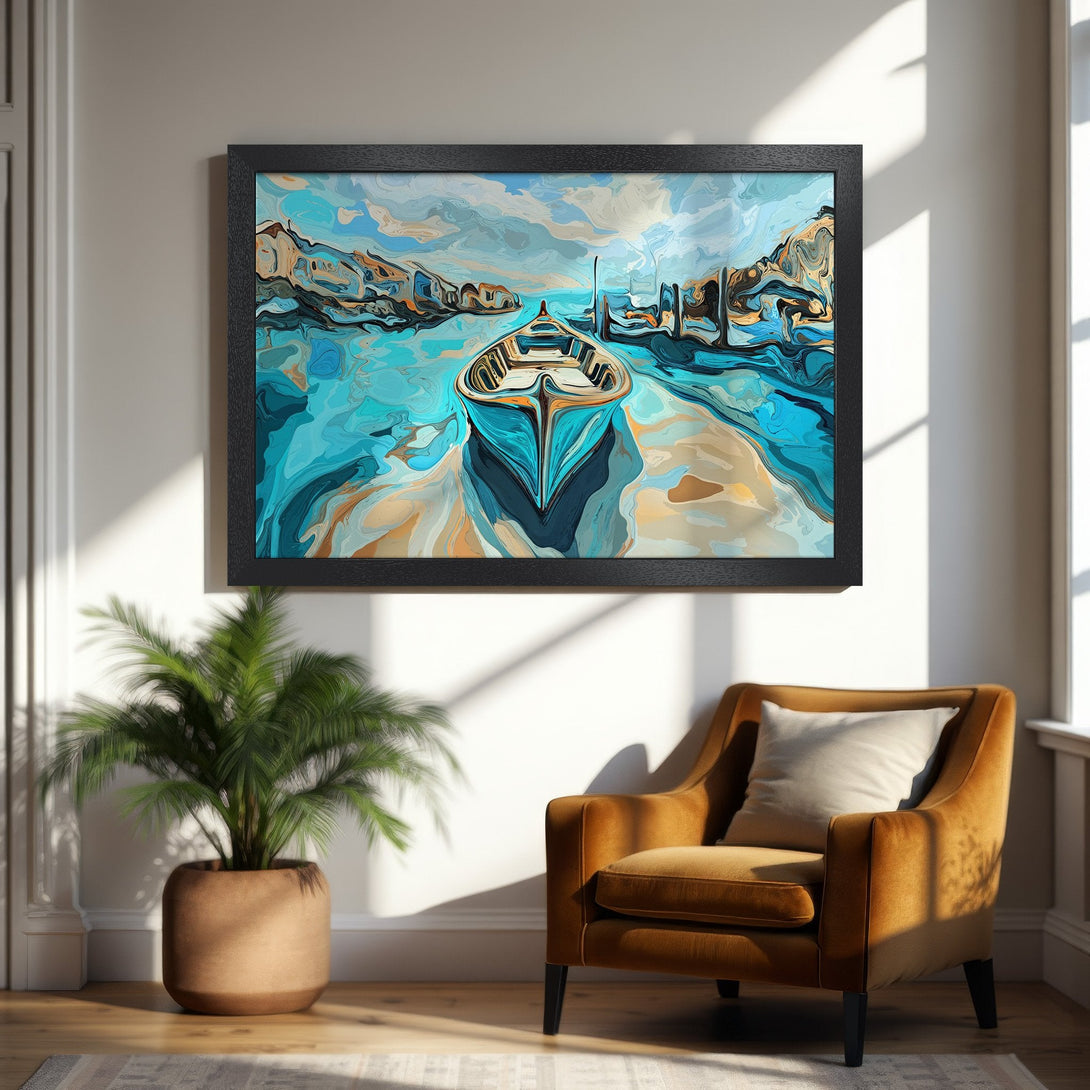 Framed Poster featuring a boat on water, abstract style, blue and gold color palette. Perfect wall art!