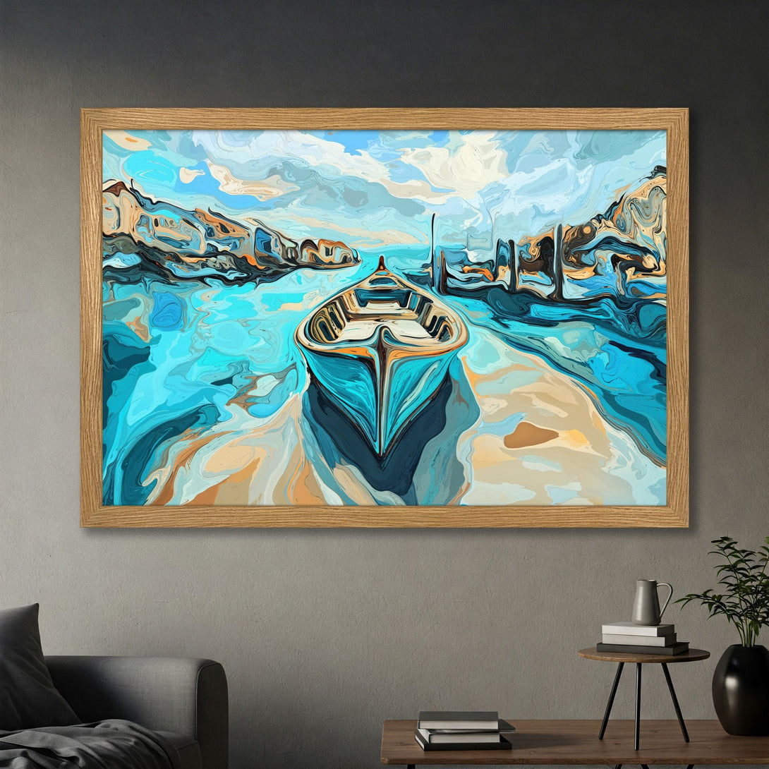 Framed Poster featuring a boat in abstract style with blue, teal, and tan color palette. Perfect wall art for a modern home.