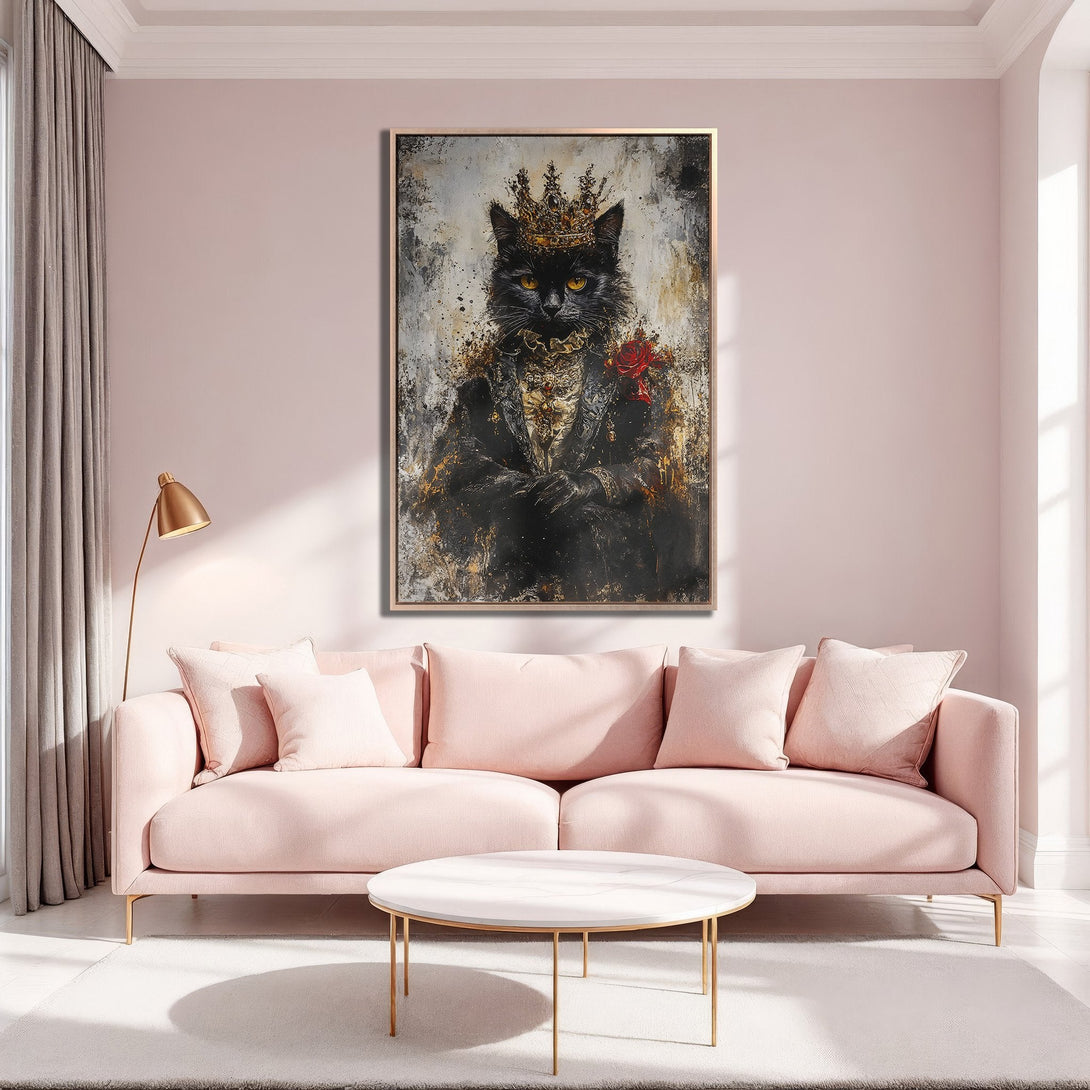 Framed Wall Art featuring a regal black cat with a crown. Modern abstract style with a black, gold, and blush pink color palette. Perfect for adding a touch of luxury.
