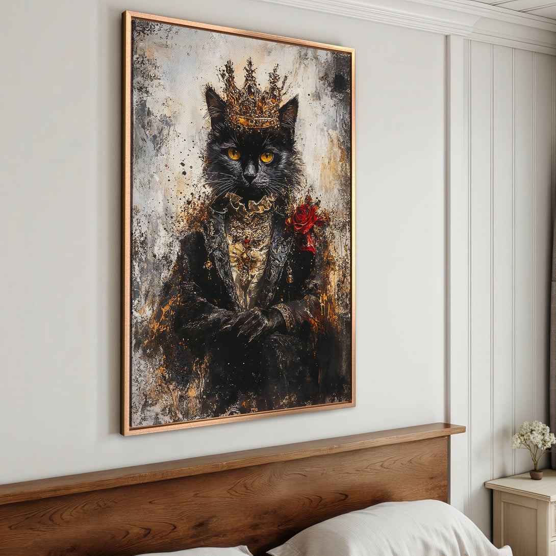 Framed Wall Art: Regal black cat portrait with crown. Abstract style, gold, black, and white color palette. Perfect for adding a touch of luxury to your home.