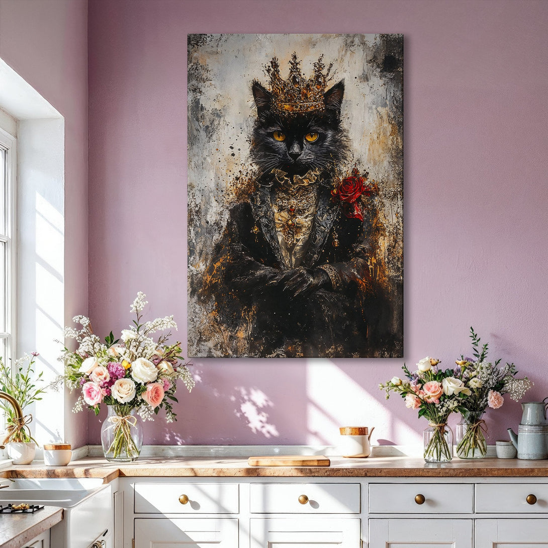 Framed Wall Art: Regal cat portrait with crown, abstract style, black, gold, and red color palette. Perfect for adding a touch of luxury to your home.