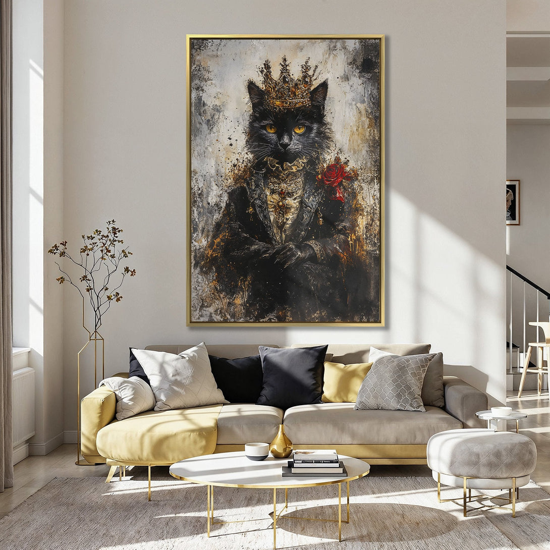 Canvas Print of regal black cat in crown, dramatic art style. Features a black, gold, and red color palette, perfect for wall decor.