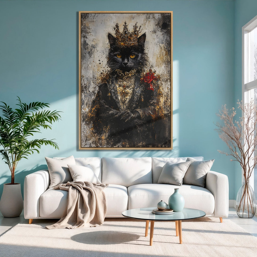 Framed Wall Art: Regal black cat portrait in a crown, abstract style with gold and red accents, displayed in a modern living room with a blue color palette.
