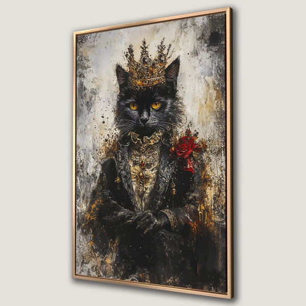 Framed Wall Art featuring a regal black cat in a crown, painted in an abstract style with a gold, black, and red color palette. Perfect for adding a touch of luxury.