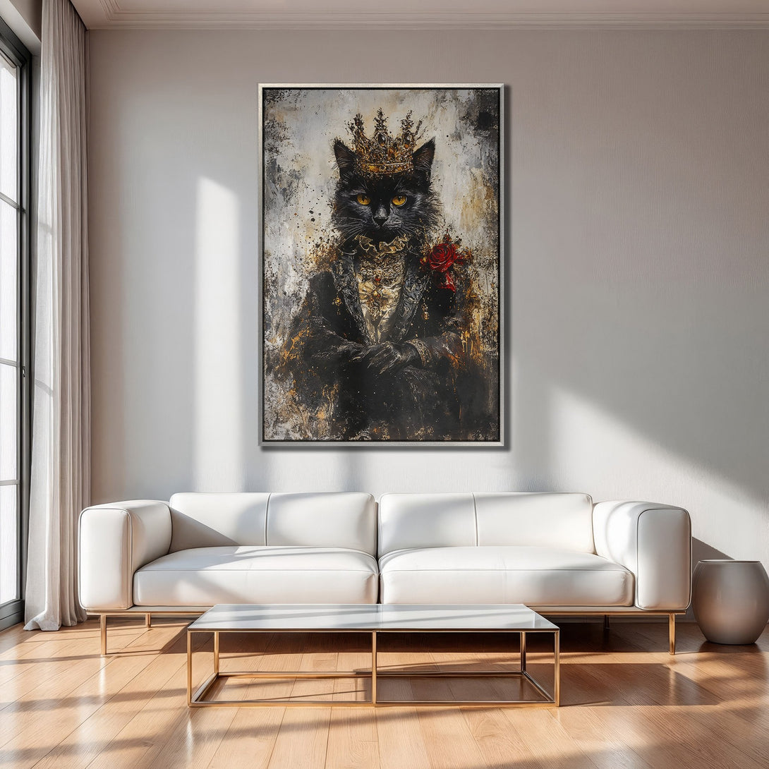 Framed Wall Art: Regal black cat portrait with crown, in a modern interior. Featuring a dramatic, abstract style with gold, black, and red accents.