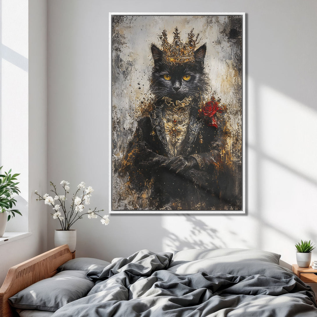Framed Wall Art: Regal black cat portrait with crown, red rose, and gold accents. Modern art in a bedroom with neutral color palette.