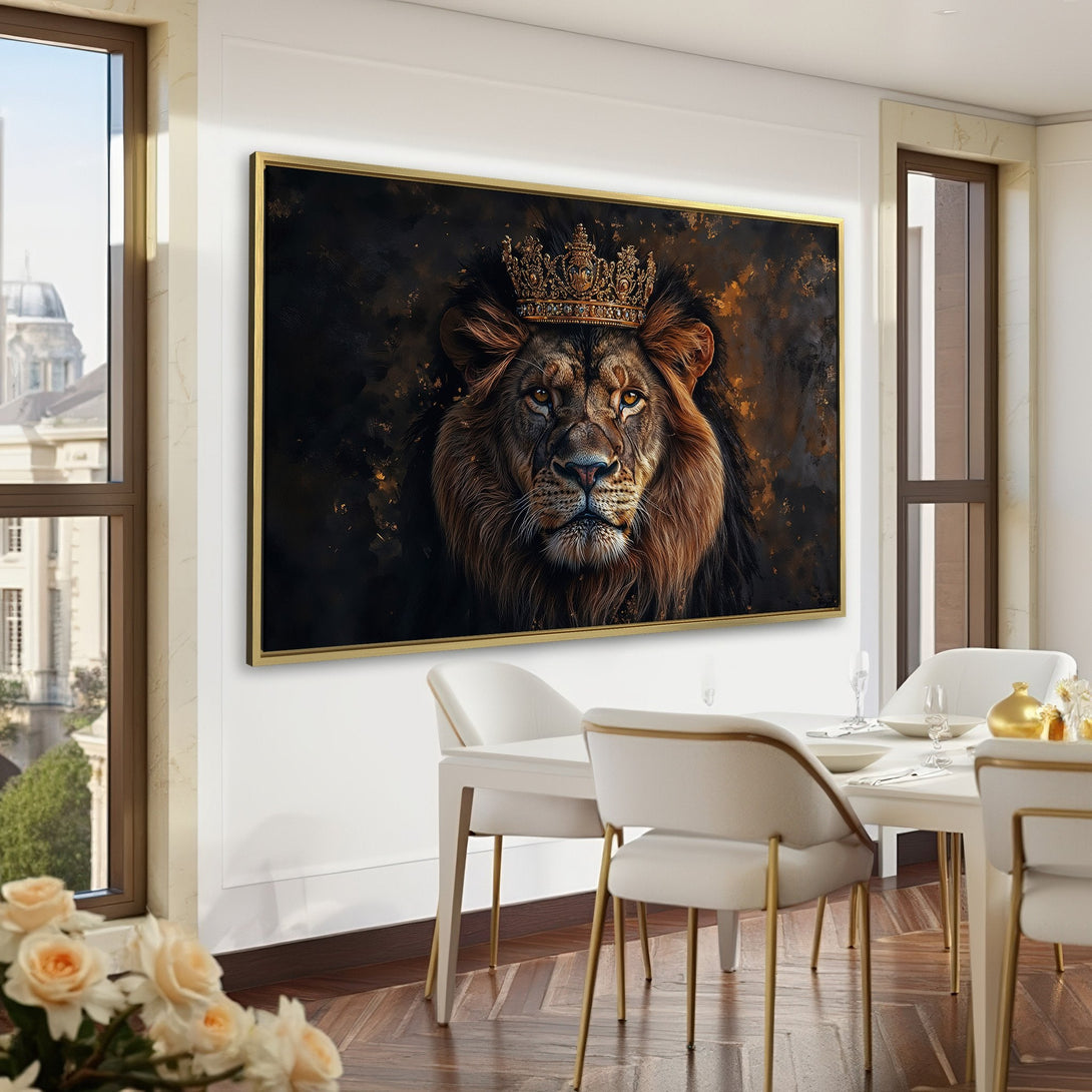 Canvas Print of a regal lion with a crown, displayed in a sophisticated interior. Features a dark, golden color palette, perfect for luxury home decor.