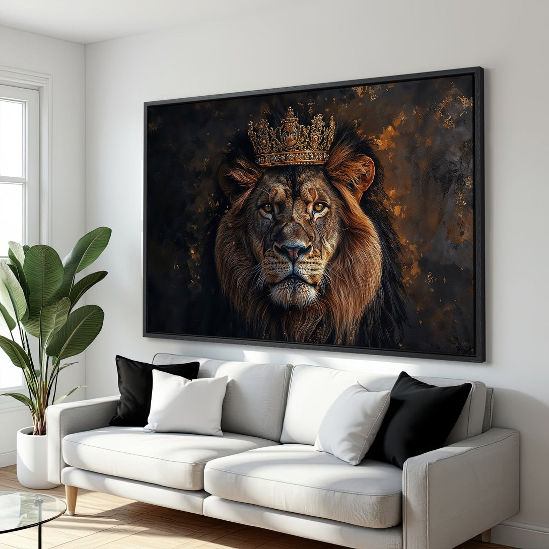 Framed Wall Art: Majestic lion portrait with crown. Dramatic, painterly style in rich brown, gold, and black tones. Perfect statement piece for any room.