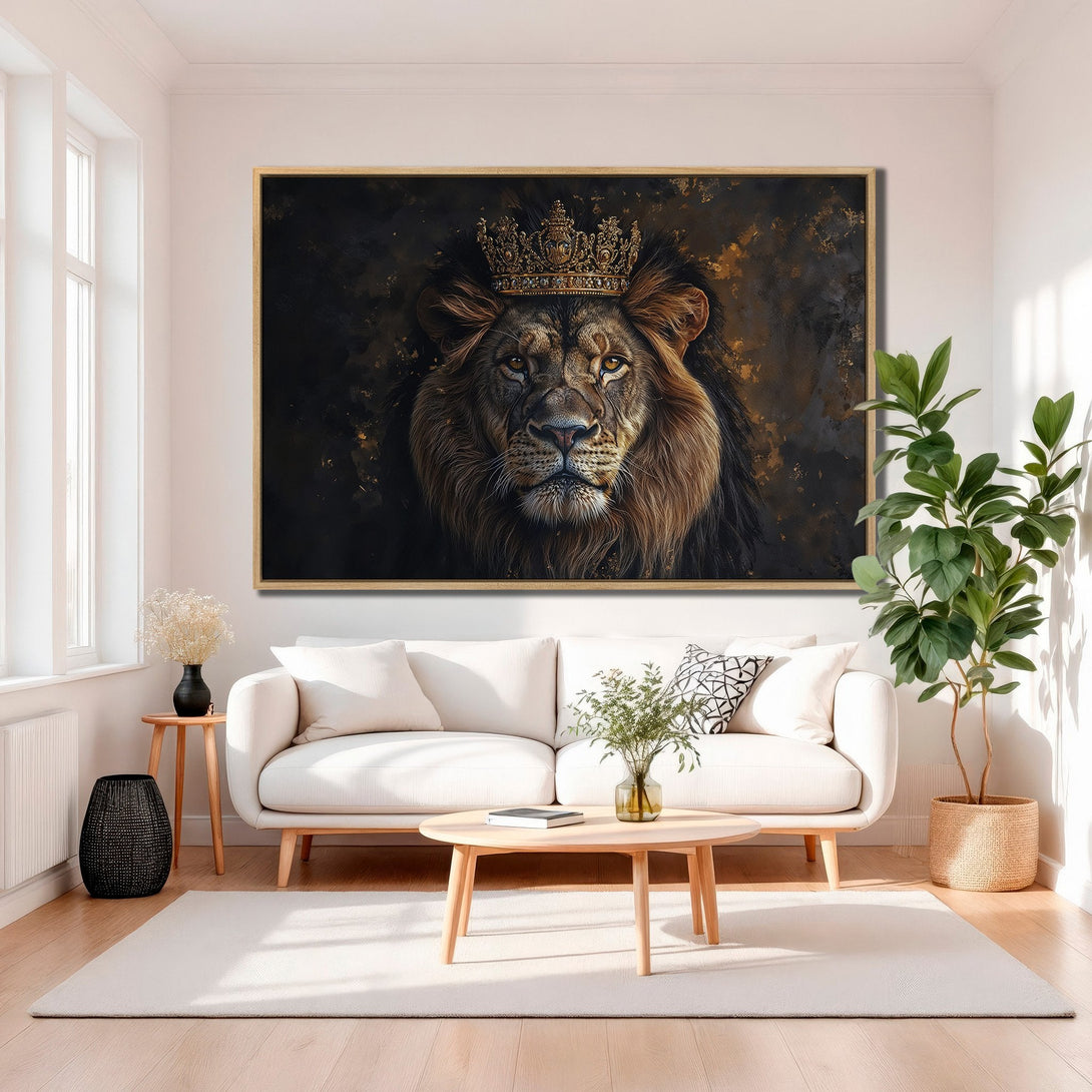 Framed Wall Art: Majestic lion portrait with crown in a dark, gold & brown palette. Perfect for adding a touch of regal elegance to your home.