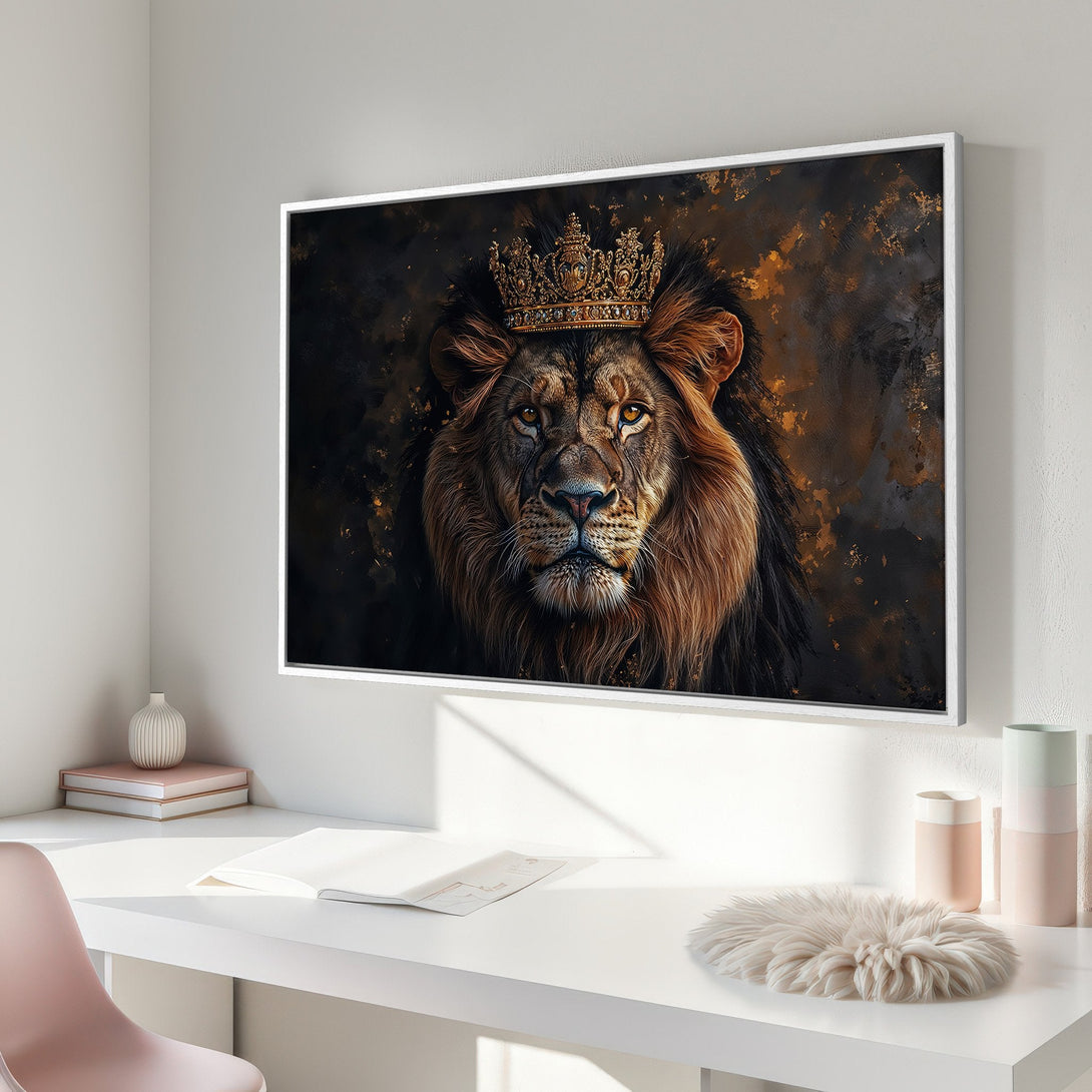 Framed Wall Art: Majestic lion portrait with crown. Dramatic, painterly style with warm brown and gold tones. Perfect for adding a touch of royalty.