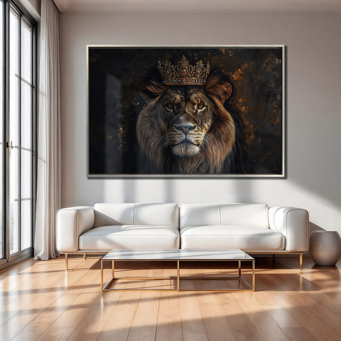 Framed Wall Art: Majestic lion portrait with crown, rich brown & gold tones. Elevate your space with this regal canvas print!