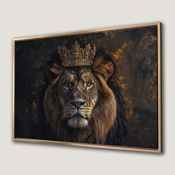 Framed Wall Art of a majestic lion wearing a crown. Dramatic, dark, and gold color palette. Perfect for adding a touch of royalty to your space.