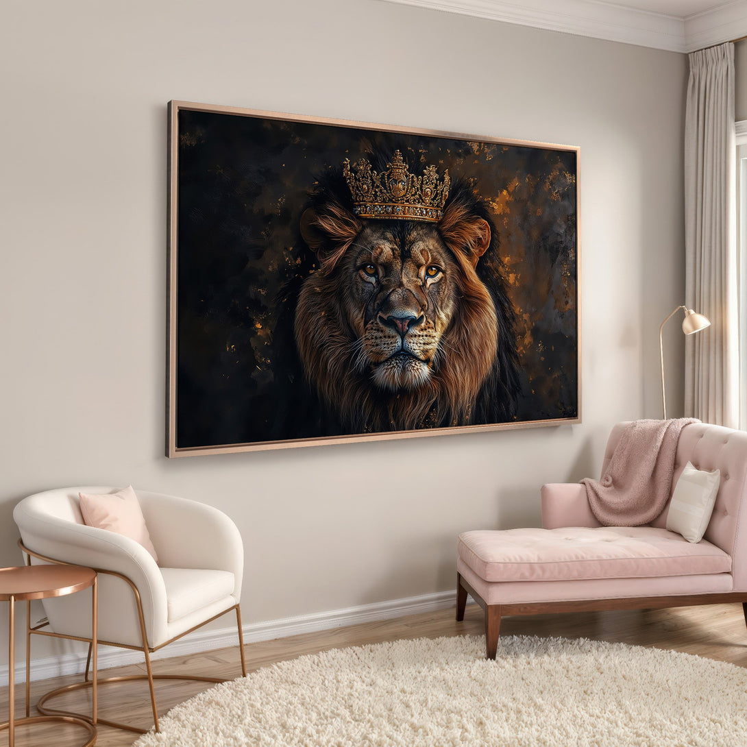 Framed Wall Art: Regal lion with crown, dark & gold color palette. Transform your space with this stunning canvas print!