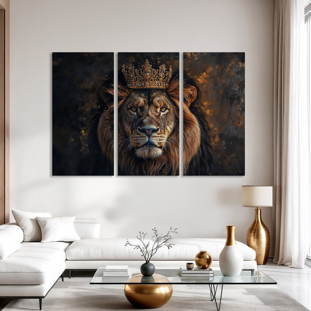 Canvas Print of a majestic lion wearing a crown. Dramatic, artistic style with a dark, warm color palette. Perfect wall art for any space.