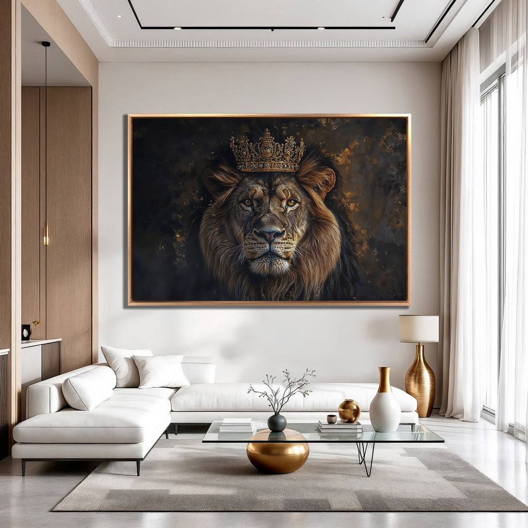 Framed Wall Art: Majestic lion portrait with crown, dramatic style, gold & brown color palette, perfect for modern home decor.