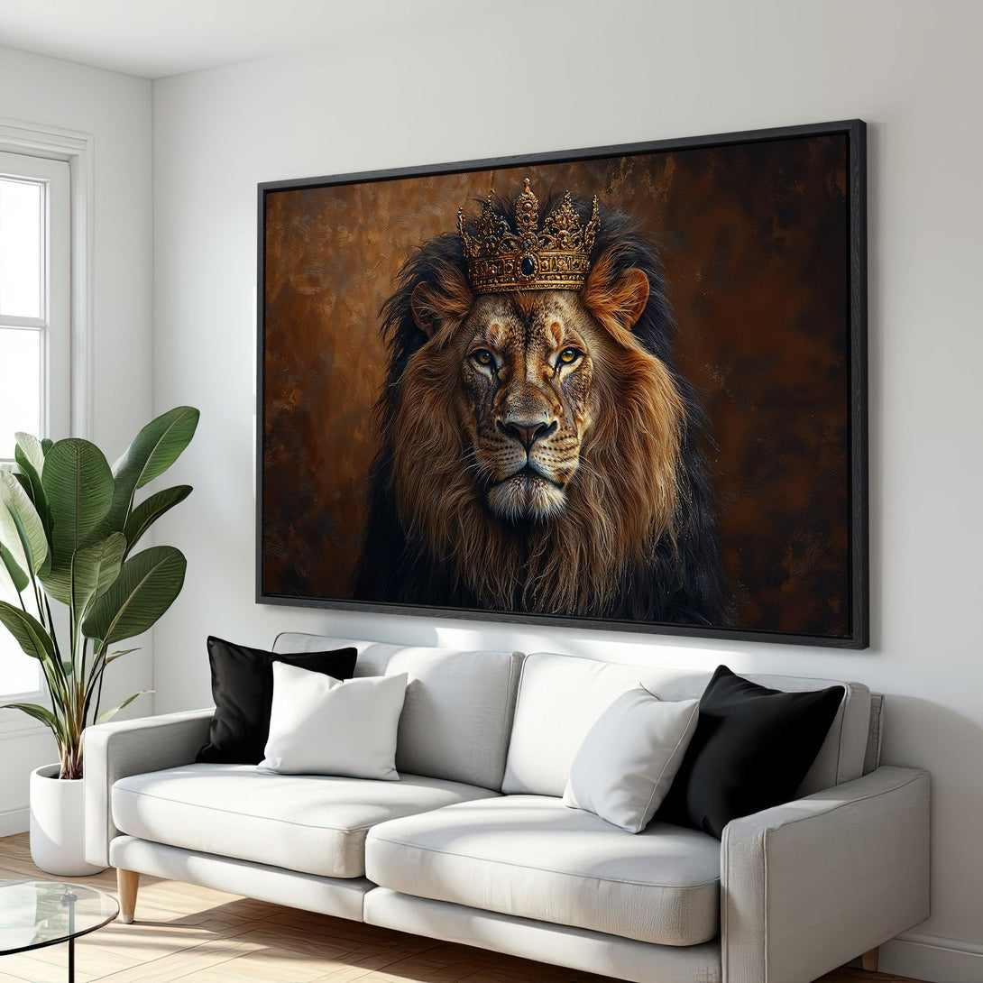 Framed Wall Art: Majestic lion portrait with crown, warm brown tones. Regal decor for any space. Enhance your home with this stunning canvas print.