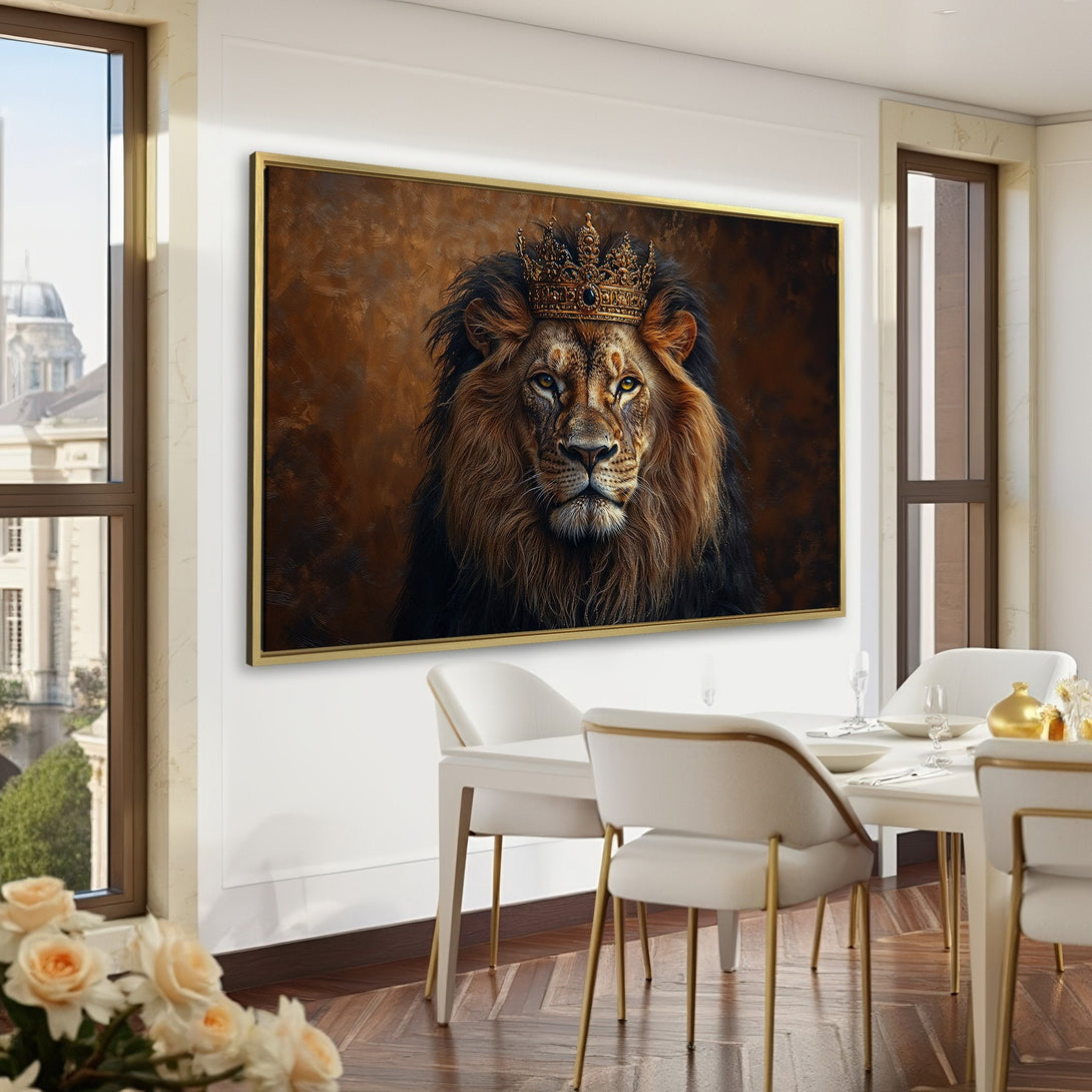 Canvas Print of a regal lion wearing a crown. Earthy tones of brown and gold, displayed in a luxurious interior setting. Add a touch of royalty to your space!