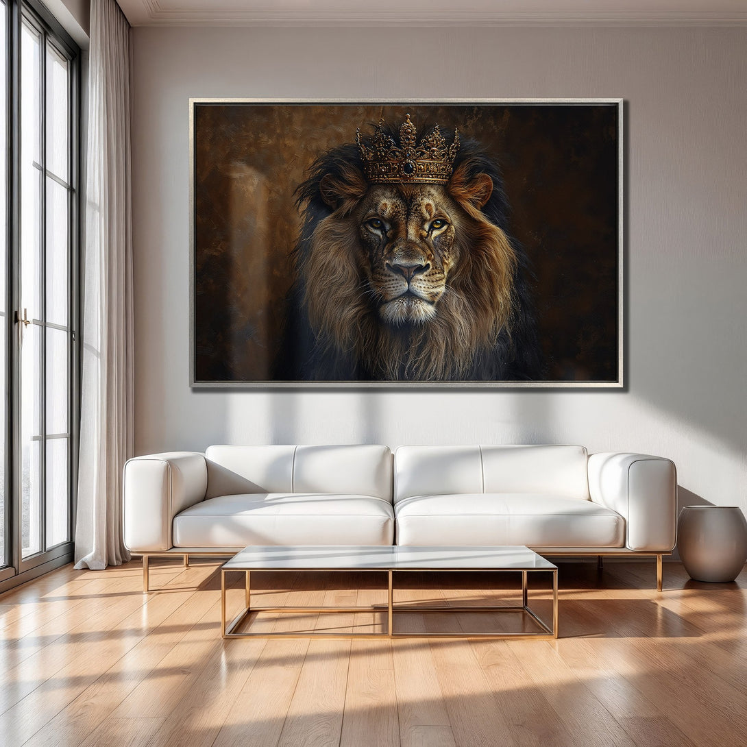 Framed Wall Art: Majestic lion portrait with crown, rich brown hues. Regal decor for any space. Enhance your home with this stunning Canvas Print.
