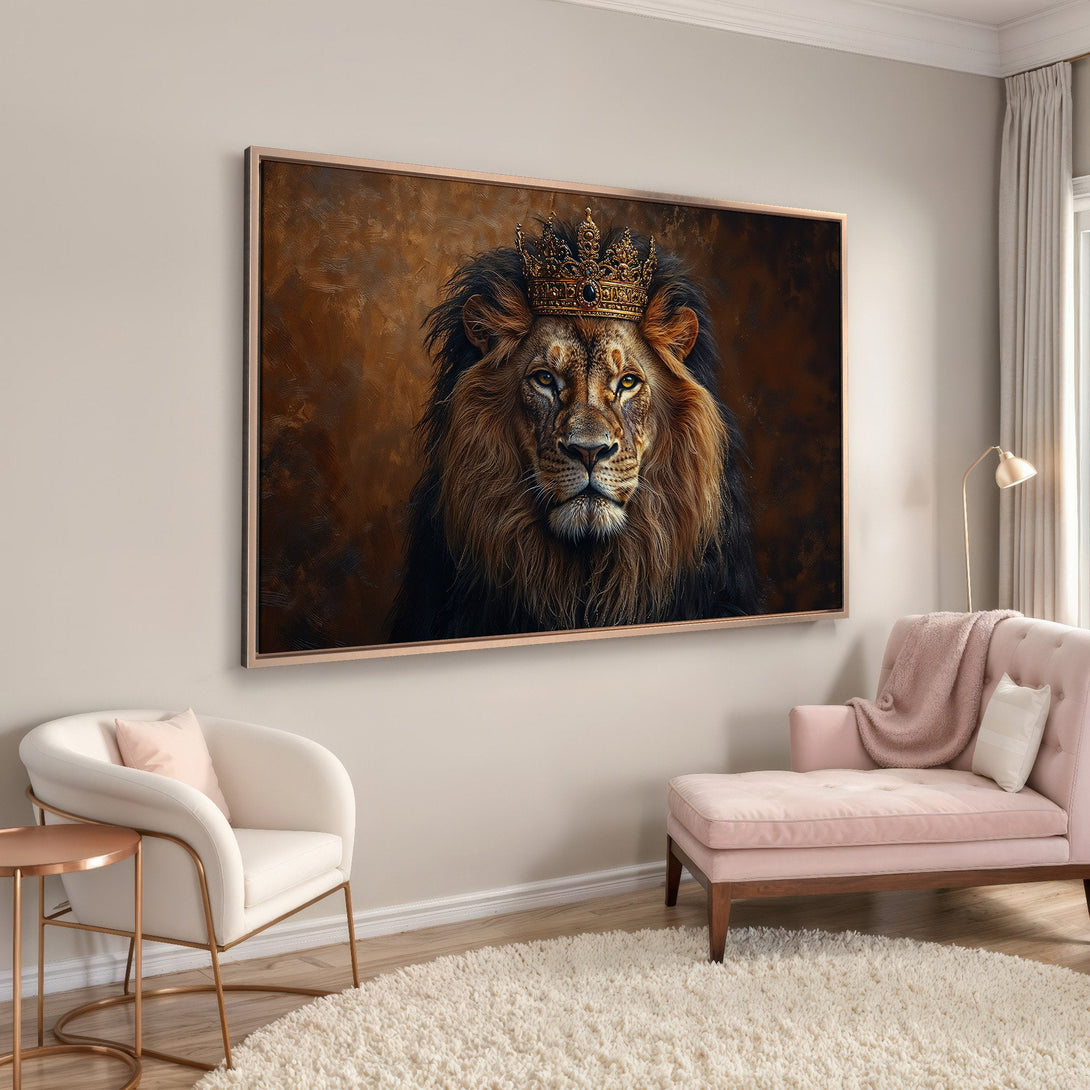 Framed Wall Art: Majestic lion with crown in warm brown tones. Elegant decor piece for living room or bedroom. Shop now!