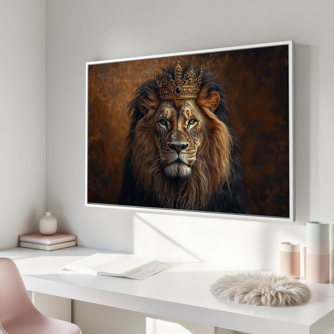 Framed Wall Art: Regal lion portrait in warm brown tones. Stylish canvas print adds a touch of luxury to any space. Shop now!