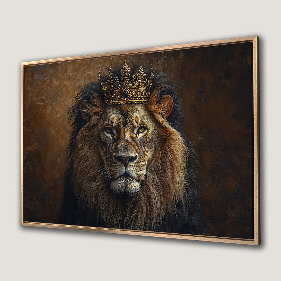 Framed Wall Art: Regal lion portrait with crown, rich brown and gold tones. Perfect for adding a touch of luxury to your home decor.