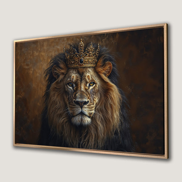 Framed Wall Art: Regal lion portrait with crown, rich brown and gold tones. Perfect for adding a touch of luxury to your home decor.