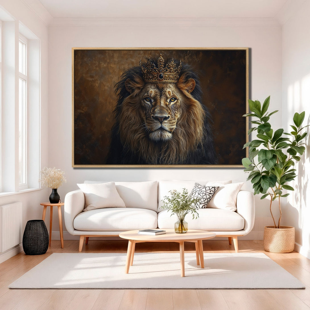Framed Wall Art: Majestic lion portrait canvas print in warm brown tones. Regal artwork for your living room. Elevate your decor with this statement piece!