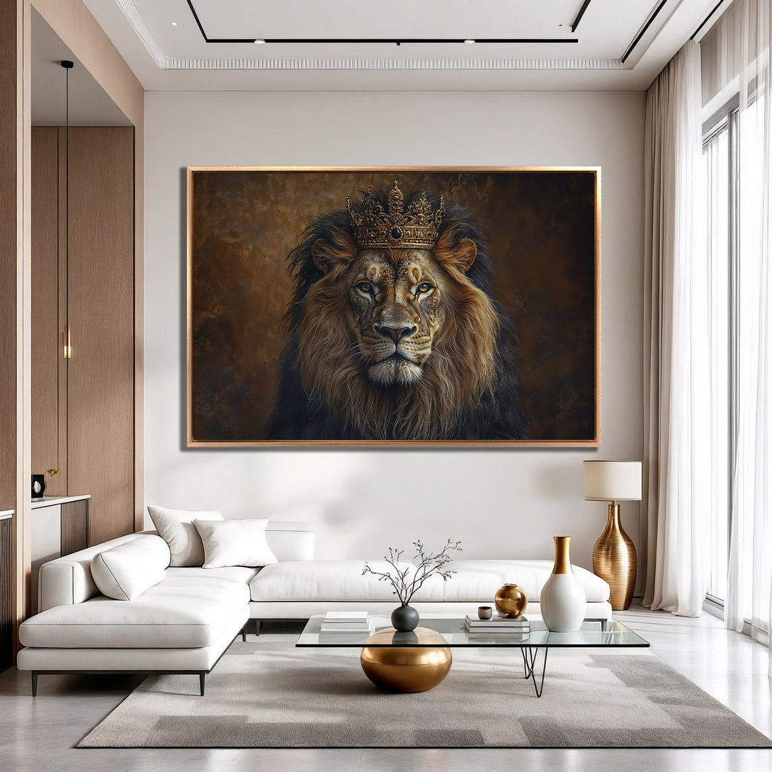 Framed Wall Art: Majestic lion portrait with a crown, warm brown tones, and a touch of gold. Perfect for adding regal style to your home decor.