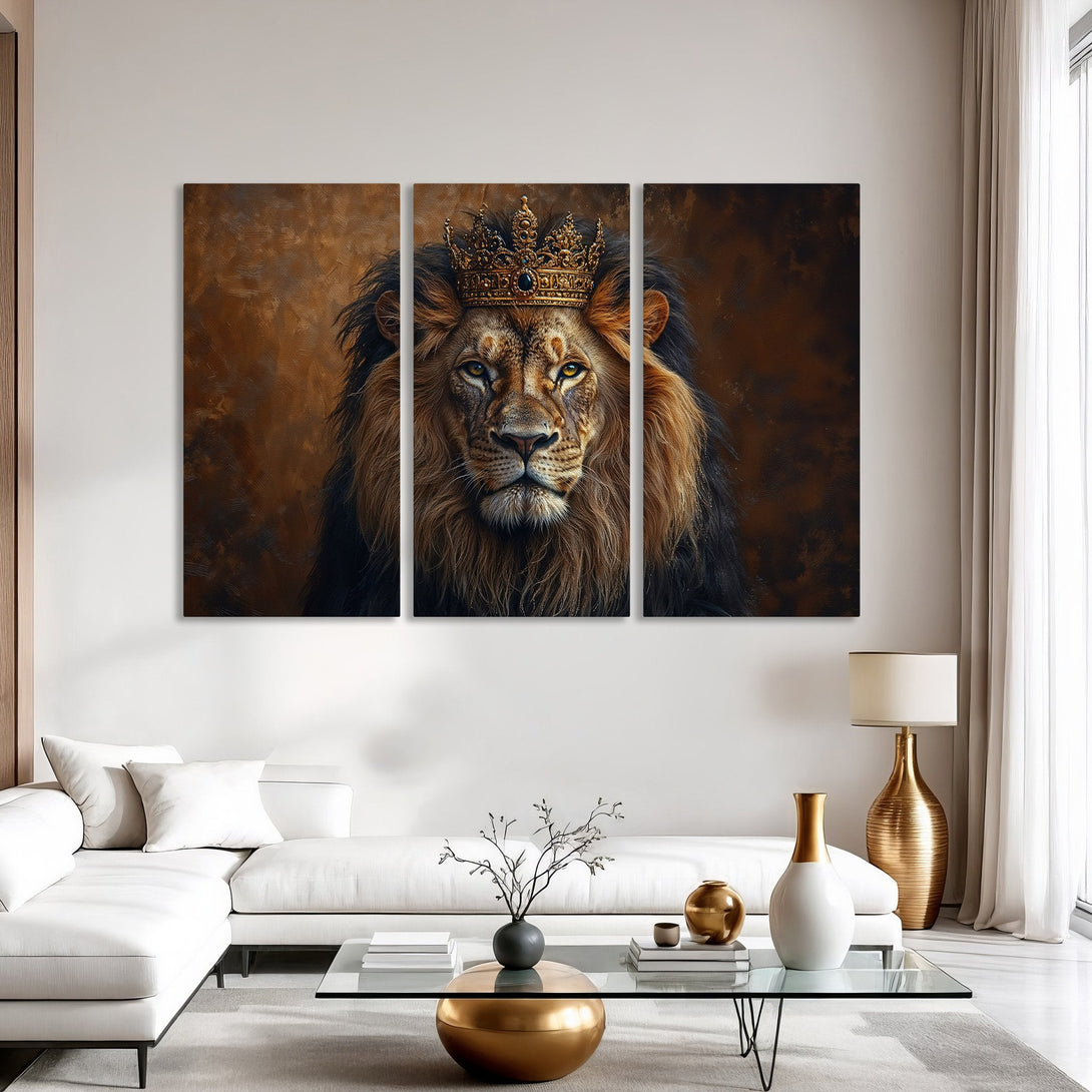 Canvas Print of a regal lion wearing a crown. Dramatic oil painting style with a warm, earthy color palette. Perfect for modern decor.
